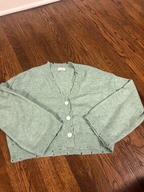 Pink Lily- Distressed Mint Button Up Cardigan Large